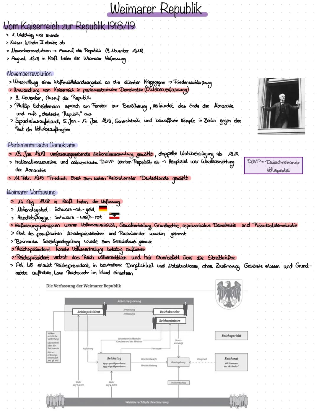 Vom Kaiserreich zur Republik 1918/19.
> 1. Weltkrieg war zuende
> Kaiser Wilhelm II dankde ab
> Novemberrevolution -> Ausruf der Republike (