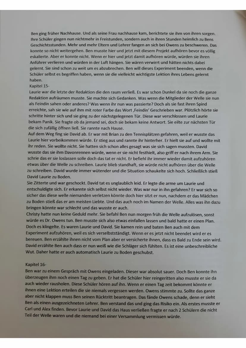 Die Welle - Kapitel Zusammenfassungen
Kapitel 1-
Laurie und Amy werden vorgestellt, Lauries Redaktion & Projekt die ,Ente' wird erwähnt und
