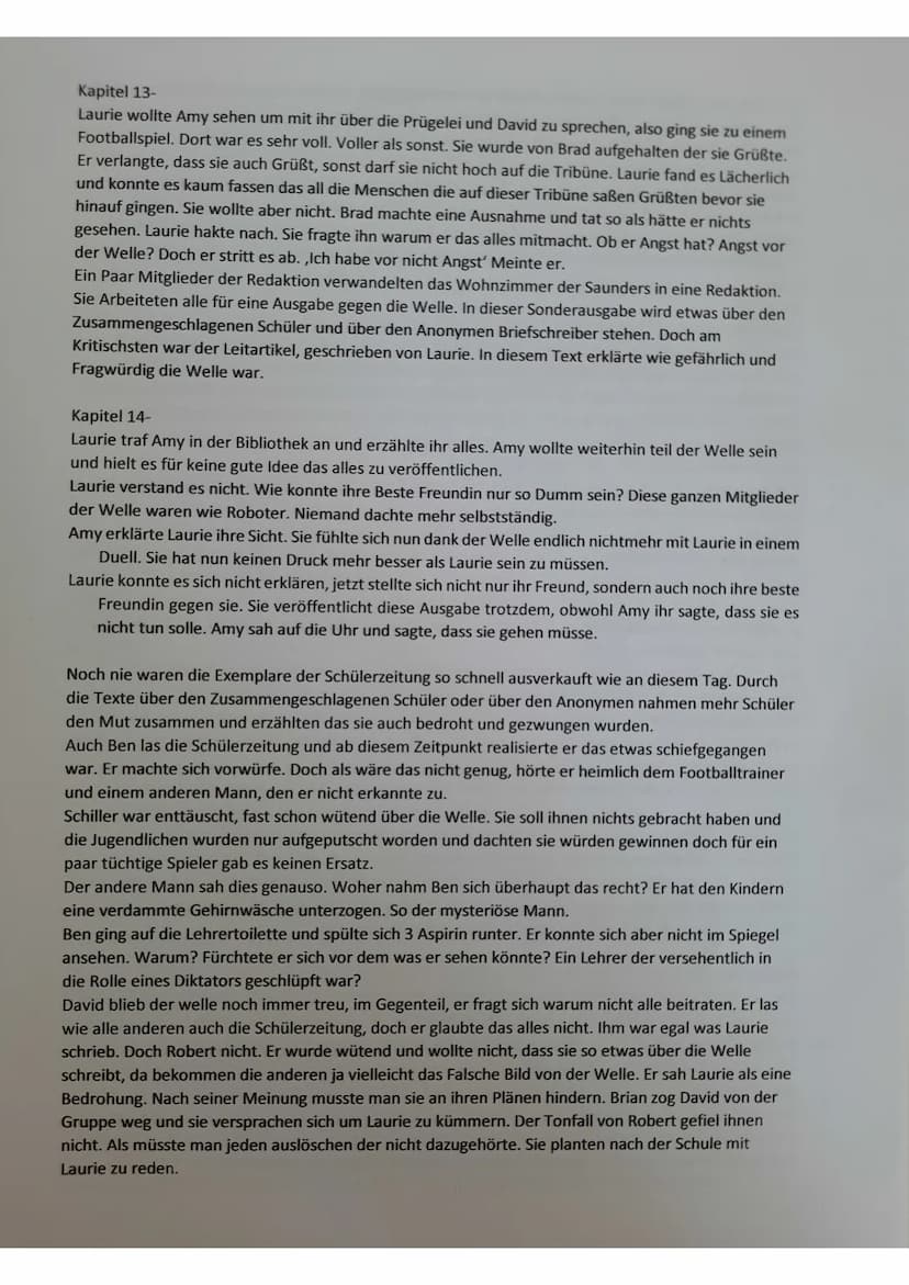 Die Welle - Kapitel Zusammenfassungen
Kapitel 1-
Laurie und Amy werden vorgestellt, Lauries Redaktion & Projekt die ,Ente' wird erwähnt und
