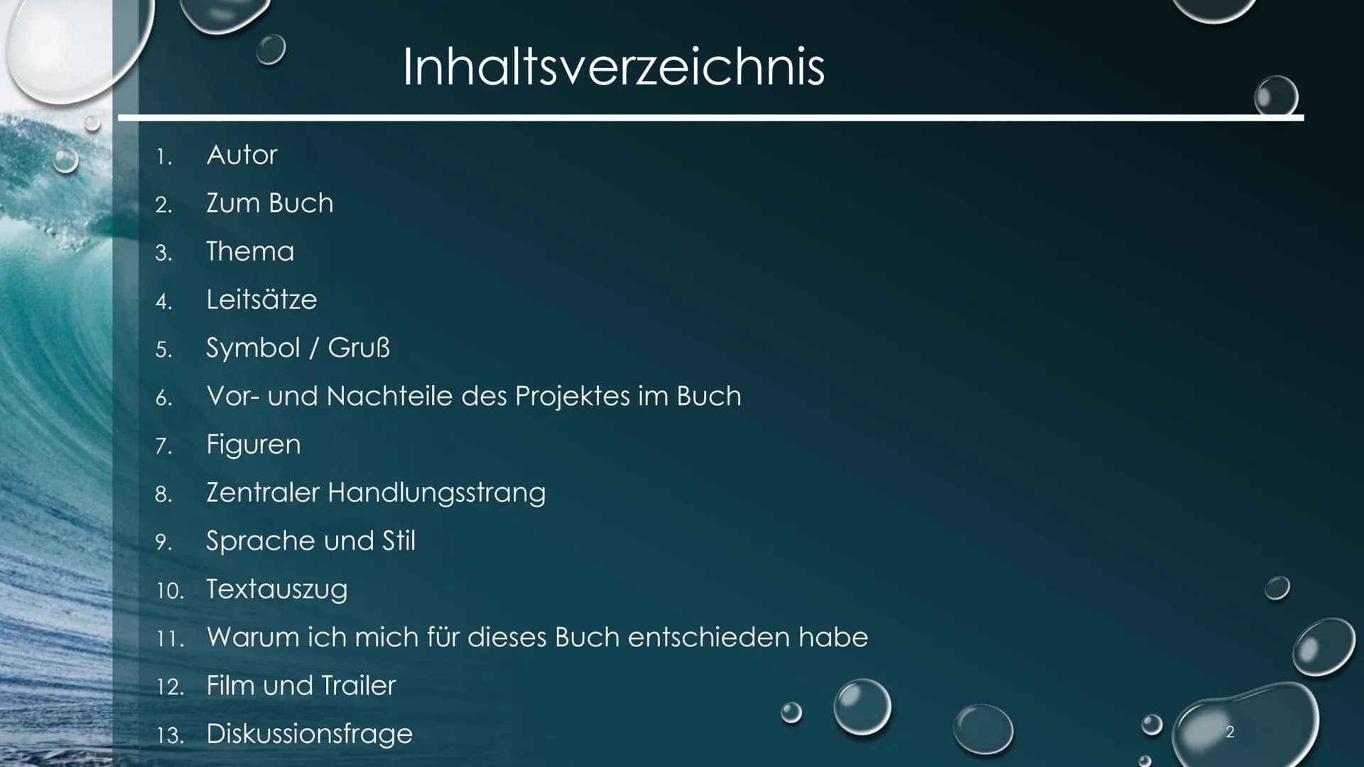 Die Welle
Fach: MSS2_Deutsch_GK_
Datum: 06/01/2022
Name: Samira Yavuz
Thema: Buchpräsentation 1.
2.
Autor
Zum Buch
3. Thema
Inhaltsverzeichn