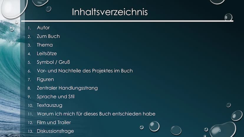 Die Welle
Fach: MSS2_Deutsch_GK_
Datum: 06/01/2022
Name: Samira Yavuz
Thema: Buchpräsentation 1.
2.
Autor
Zum Buch
3. Thema
Inhaltsverzeichn