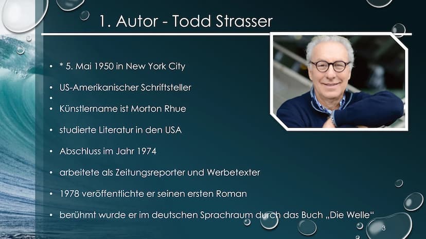 Die Welle
Fach: MSS2_Deutsch_GK_
Datum: 06/01/2022
Name: Samira Yavuz
Thema: Buchpräsentation 1.
2.
Autor
Zum Buch
3. Thema
Inhaltsverzeichn