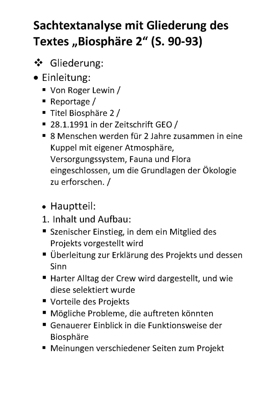 Sachtextanalyse der Reportage „Biosphäre 2“ von Roger Lewin
