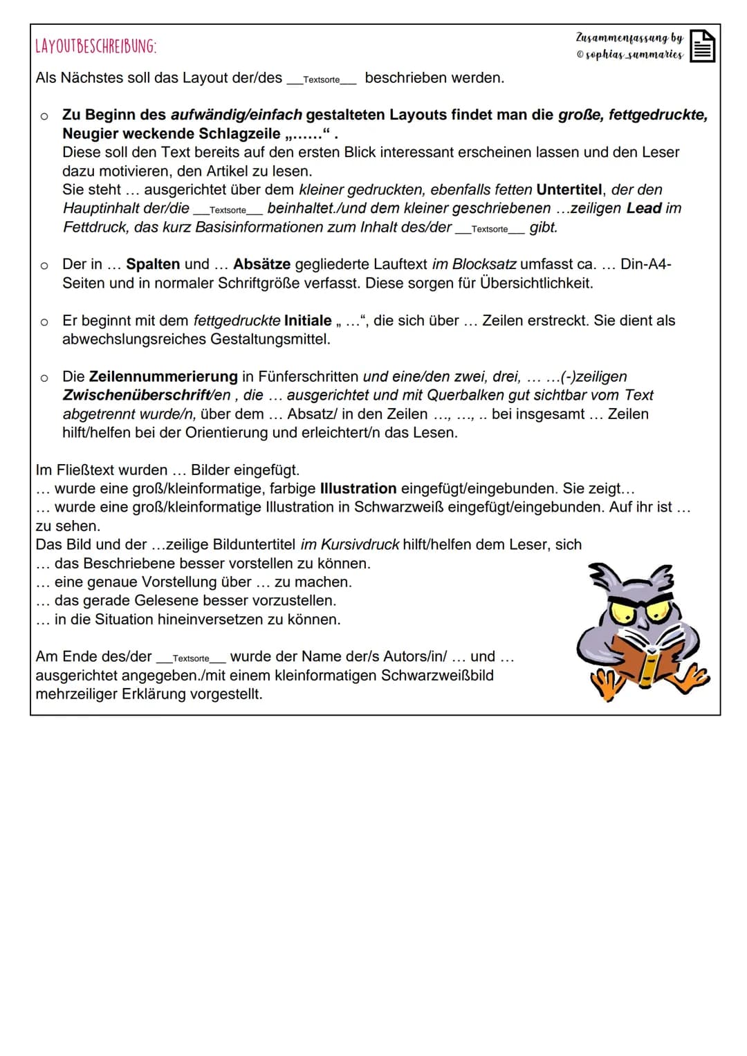 GLIEDERUNG:
A. Der/Die Textsorte... ." handelt von ...
B. Texterschließung der/des Textsorte (unter Berücksichtigung des inneren Aufbaus) un