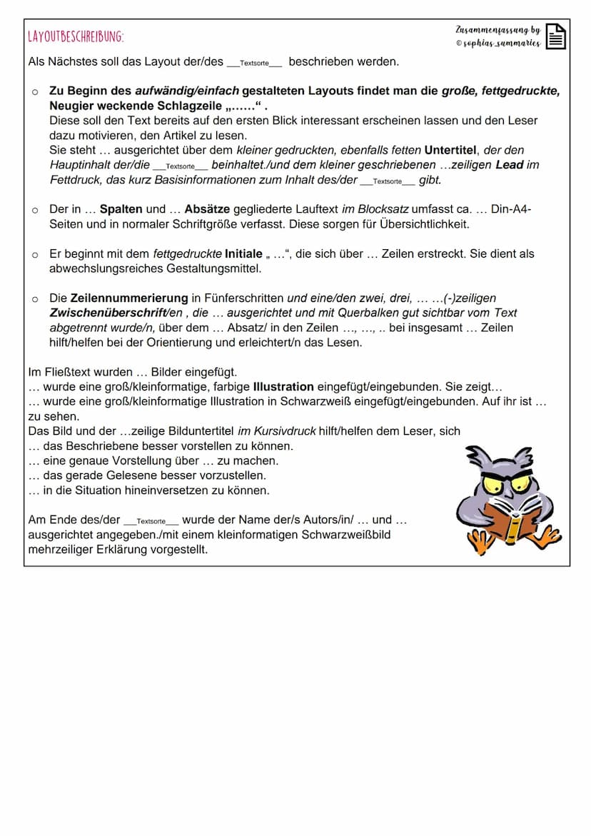 GLIEDERUNG:
A. Der/Die Textsorte... ." handelt von ...
B. Texterschließung der/des Textsorte (unter Berücksichtigung des inneren Aufbaus) un