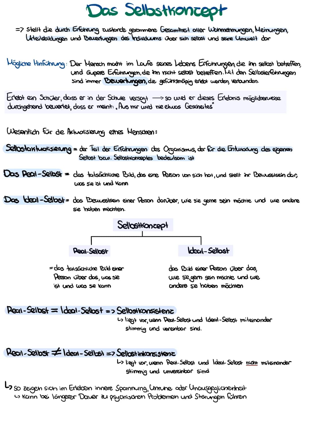 Das Selbstkoncept
=> stellt die durch Erfahrung zustande gekommene Gesamtheit aller Wohmehmungen, Meinungen,
Urteilsbildungen und Bewertunge