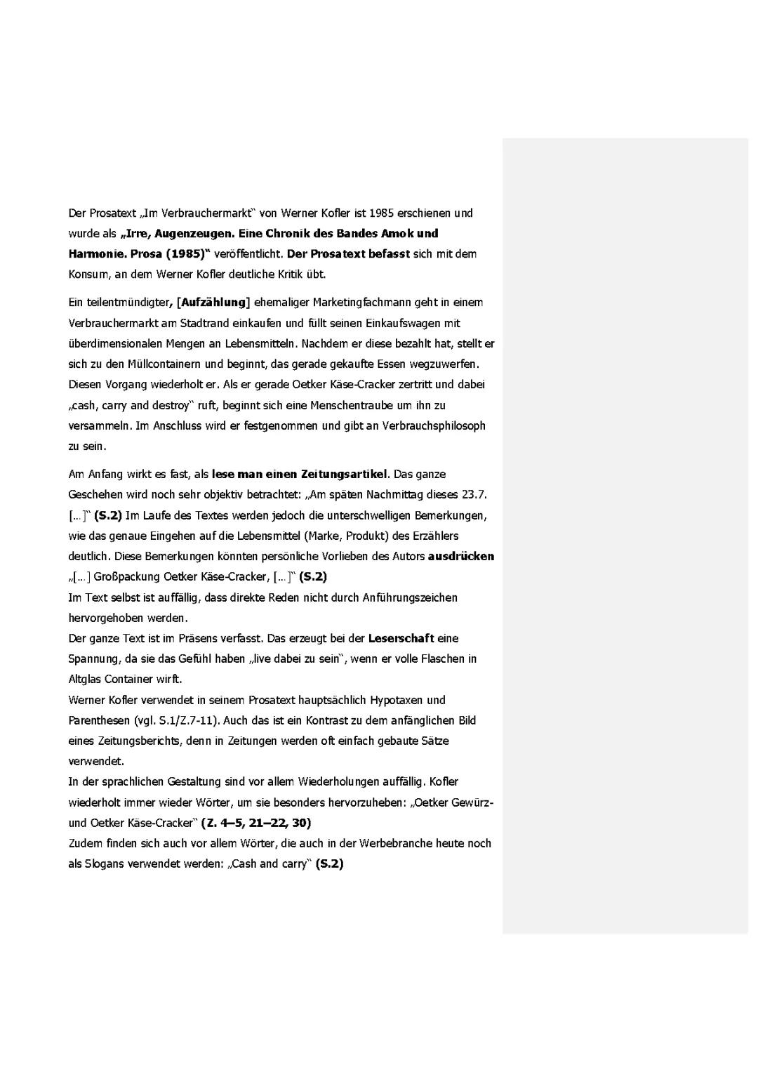 Textinterpretation "Im Verbrauchermarkt"