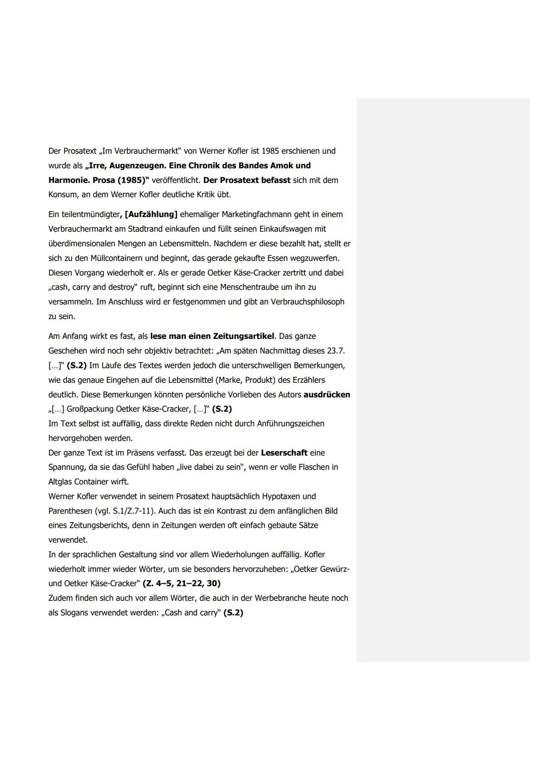 Der Prosatext ,,Im Verbrauchermarkt" von Werner Kofler ist 1985 erschienen und
wurde als ,,Irre, Augenzeugen. Eine Chronik des Bandes Amok u