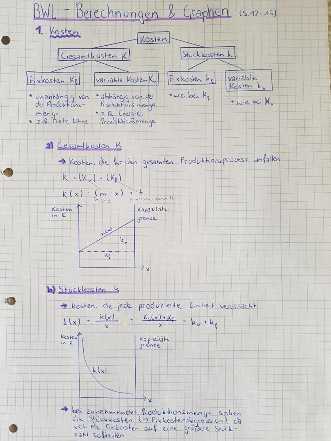 BWL
1. Kosten
Berechnungen & Graphen (5.-12-15)
Cesamtkosten Kl
menge
* 2.B. Miete, Löhne
Fixkosten Ke
• unabhängig von • abhängig von der
P