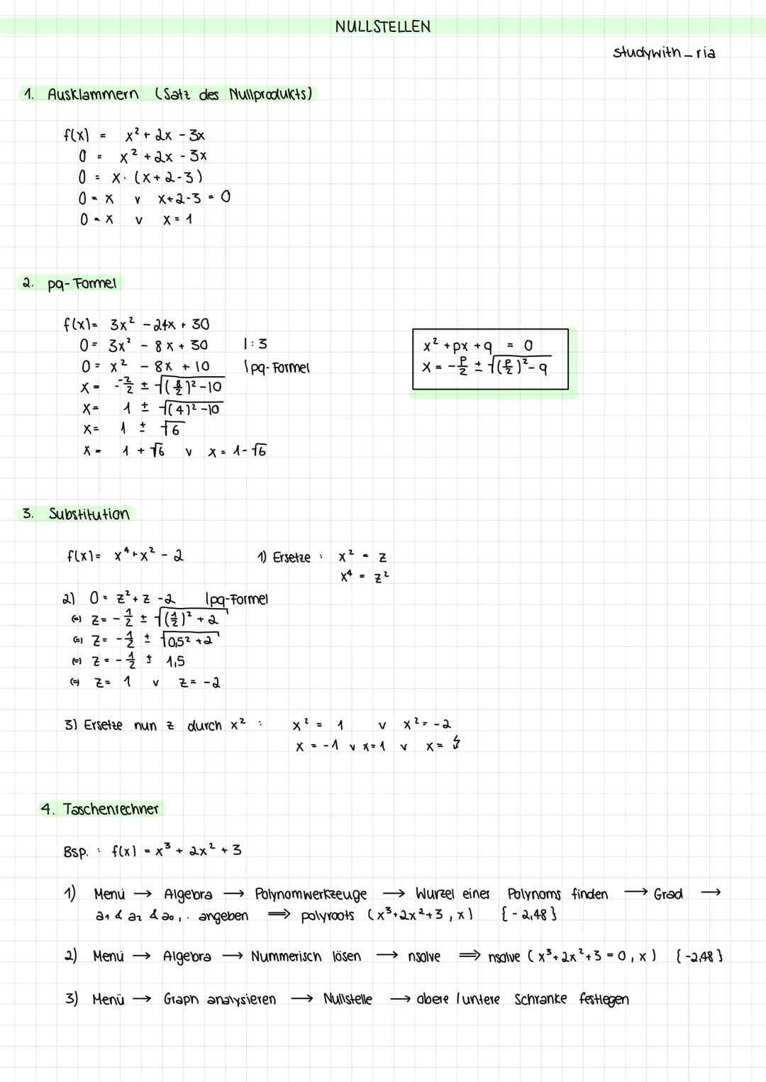 1. Ausklammern (Satz des Nullprodukts)
f(x)
0
0 = x (x+2-3)
0=X V X+2-3 = 0
0-X V X = 1
=
x² + 2x - 3x
x²+2x - 3x
2. pq- Formel
f(x1= 3x² -2