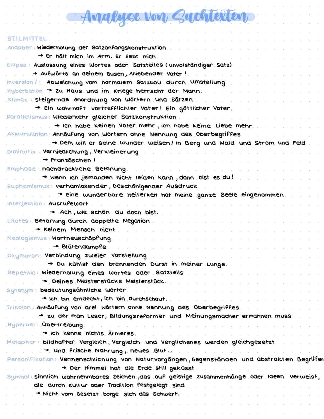 Analyse von Sachtexten
STILMITTEL
Anapher: Wiederholung der Satzanfangskonstruktion
Er hält mich im Arm. Er liebt mich.
Ellipse: Auslassung 