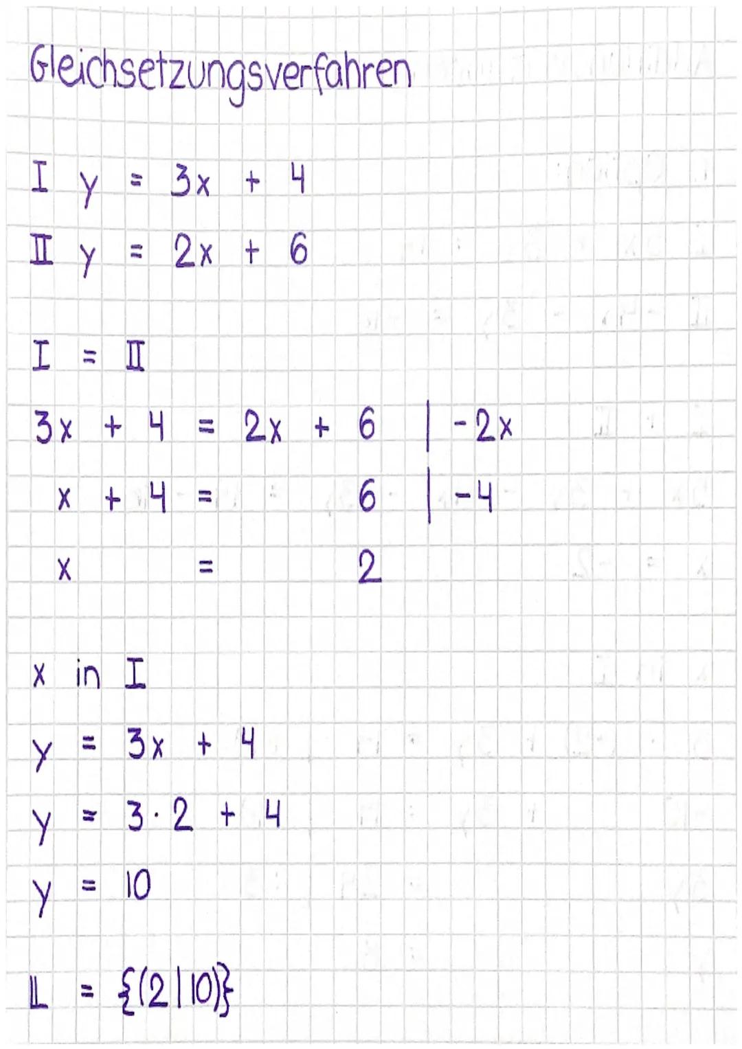 Gleichsetzungsverfahren

I y = 3x + 4
II y = 2x + 6

I = II
3x + 4 = 2x + 6 | -2x
x + 4 =
6 | -4
x =
2

x in I
y = 3x + 4
y = 3.2 + 4
y = 10