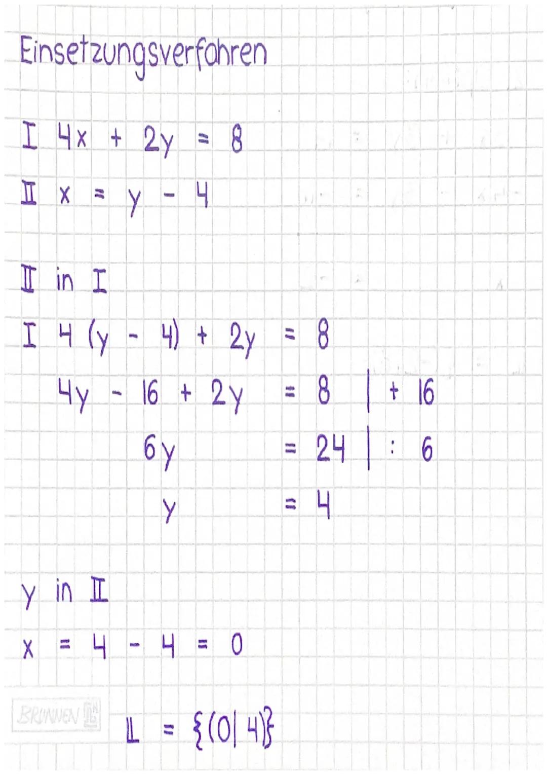 Gleichsetzungsverfahren

I y = 3x + 4
II y = 2x + 6

I = II
3x + 4 = 2x + 6 | -2x
x + 4 =
6 | -4
x =
2

x in I
y = 3x + 4
y = 3.2 + 4
y = 10