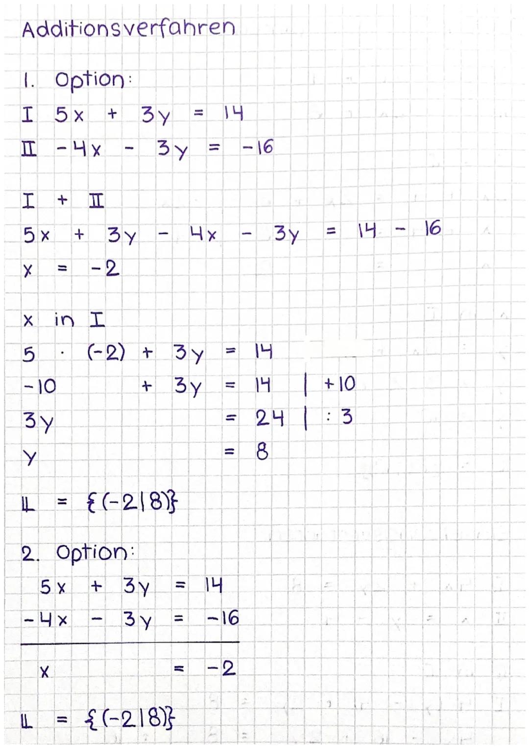 Gleichsetzungsverfahren

I y = 3x + 4
II y = 2x + 6

I = II
3x + 4 = 2x + 6 | -2x
x + 4 =
6 | -4
x =
2

x in I
y = 3x + 4
y = 3.2 + 4
y = 10