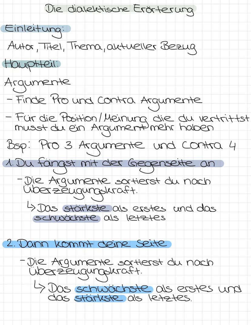 Die dialektische Erörterung
Einleitung:
Autor, Titel, Thema, aktueller Bezug
Hauptteil.
Argumente
- Finde Pro und Contra Argumente
- Für die