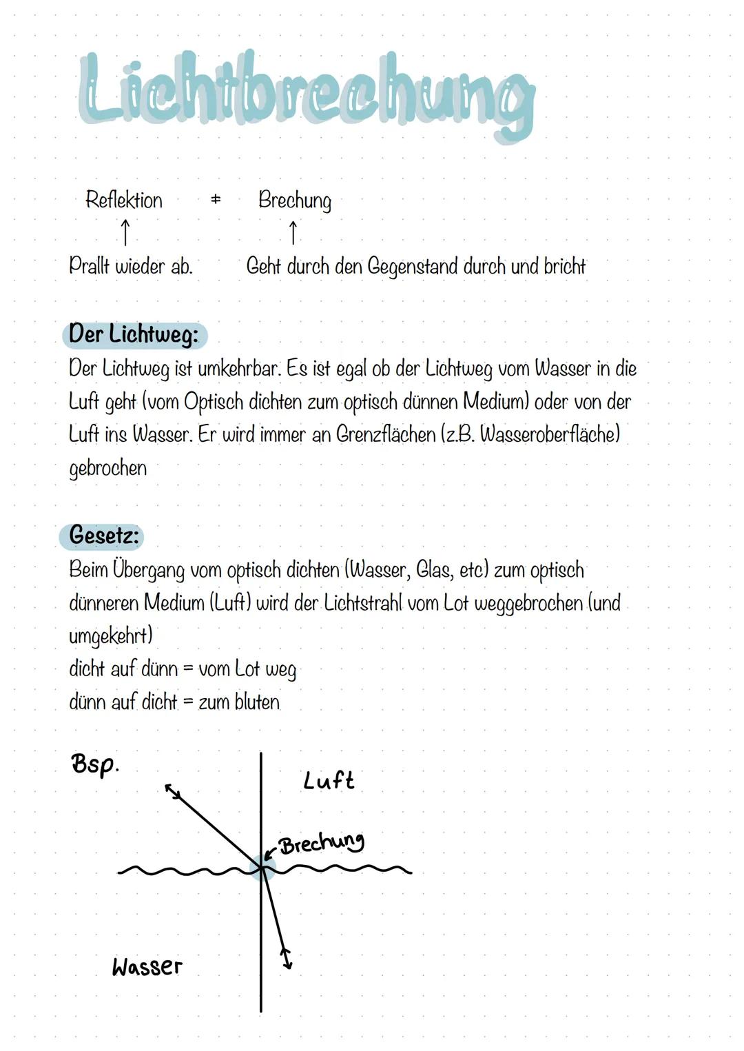Lichtbrechung
Reflektion
:↑
Prallt wieder ab.
Brechung
↑
Geht durch den Gegenstand durch und bricht
Der Lichtweg:
Der Lichtweg ist umkehrbar