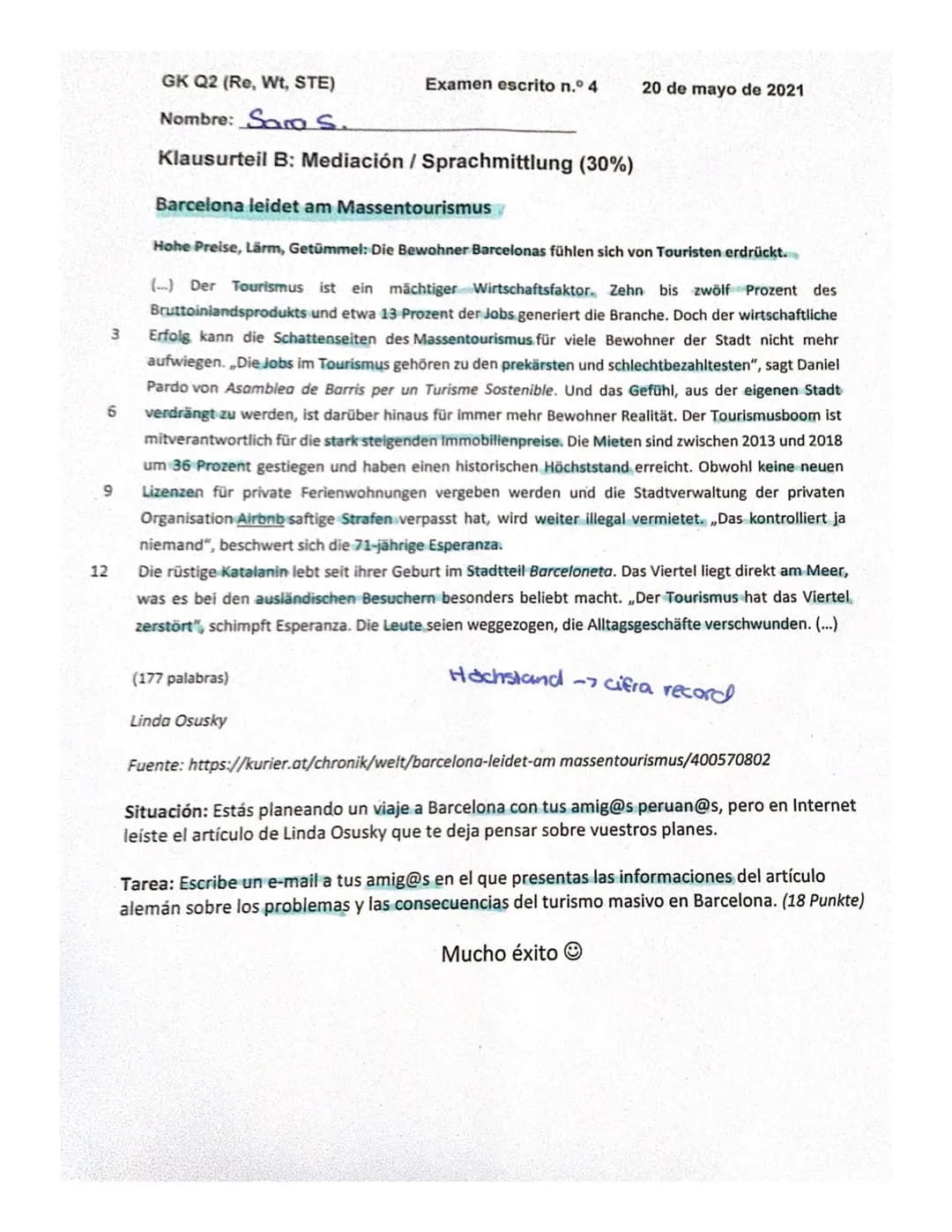 Sara S.
Erwartungshorizont Klausur SQ1 (Re,Wt, STE)
20.05.2021
Klausurteil A: Teilleistungen-Kriterien (Schreiben/Leseverstehen Integriert) 