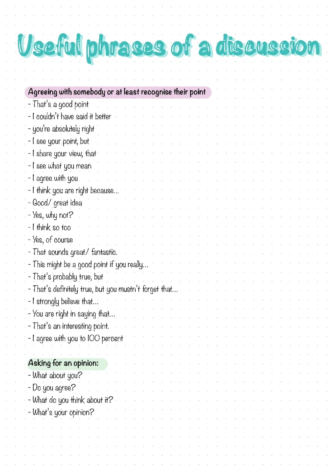 Useful phrases of a discussion
