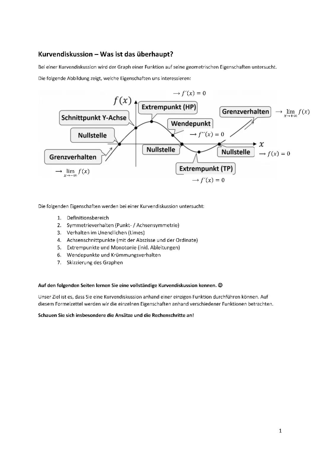 Kurvendiskussion: Aufgaben mit Lösungen, Beispiele und Anleitungen als PDF