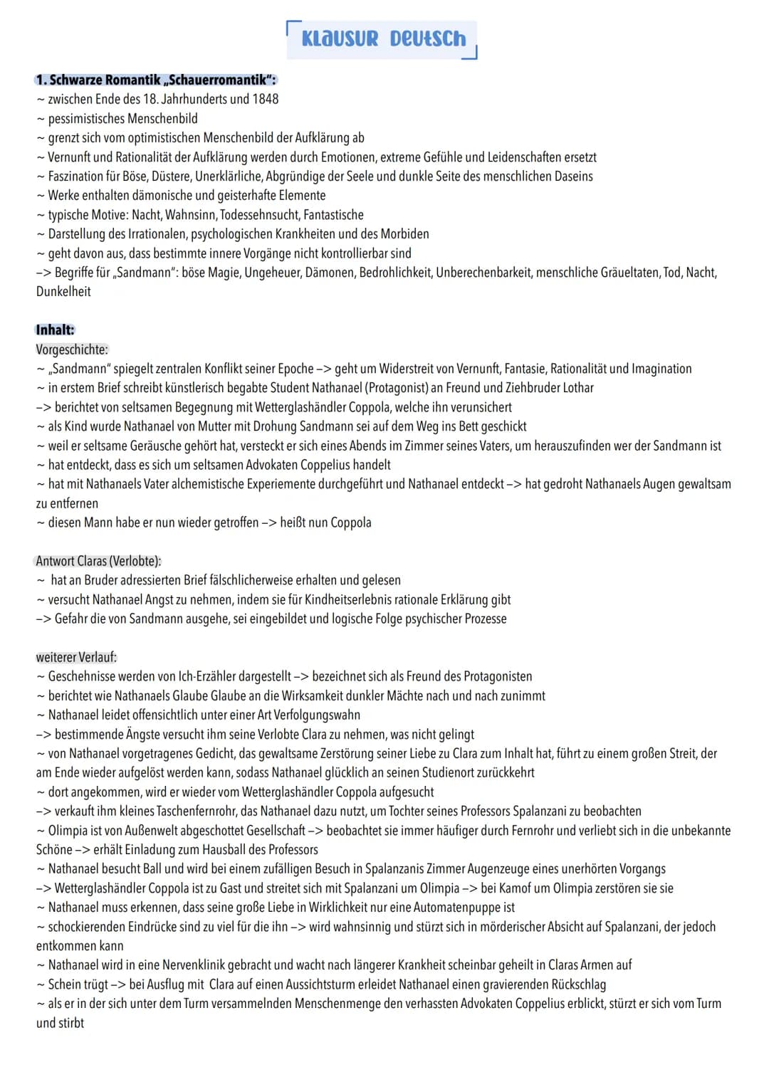 1. Schwarze Romantik ,,Schauerromantik":
~ zwischen Ende des 18. Jahrhunderts und 1848
Klausur Deutsch
~ pessimistisches Menschenbild
~ gren