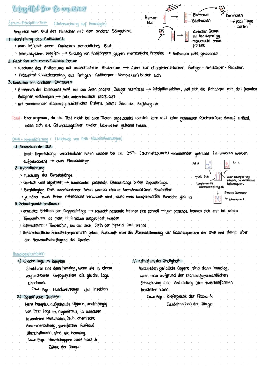 Lernzettel Bio Ex am 18.10.21
Serum-Präzipitin-Test: (Untersuchung auf Homologie)
Vergleich vom Blut des Menschen mit dem anderer Säugetiere