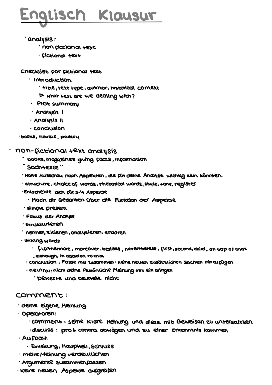 Englisch Klausur
analysis:
checklist for fictional text
Introduction
.
**
.
non fictional text
fictional text
.
· title, text type, author, 