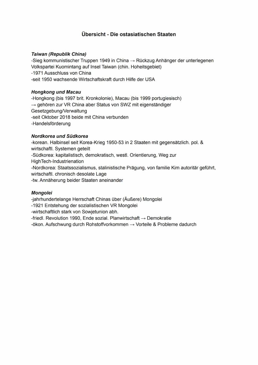 2.
Lernzettel Erdkunde Ostasien 13.1-13.2
1. Übersicht - Die ostasiatischen Staaten
RELEVANTE THEMEN
3. Japan
China
2.1 historische Entwickl