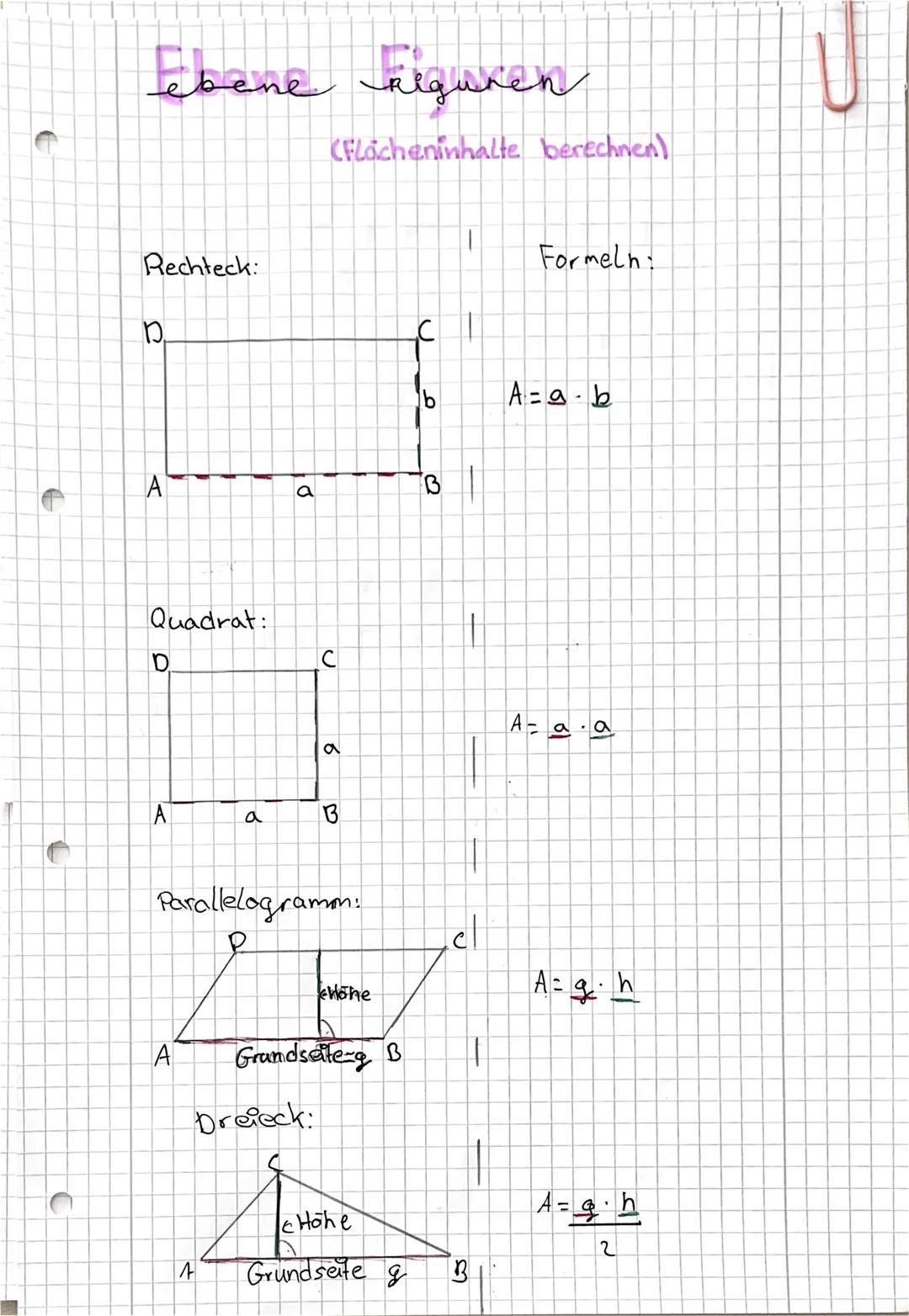 # Ebene Riguren

(Flacheninhalte berechnen)

Rechteck:

Formeln:

b

$A=a \cdot b$

A

a

B

Quadrat:

D

C

$A=a \cdot a$

a

A

a B

Paral