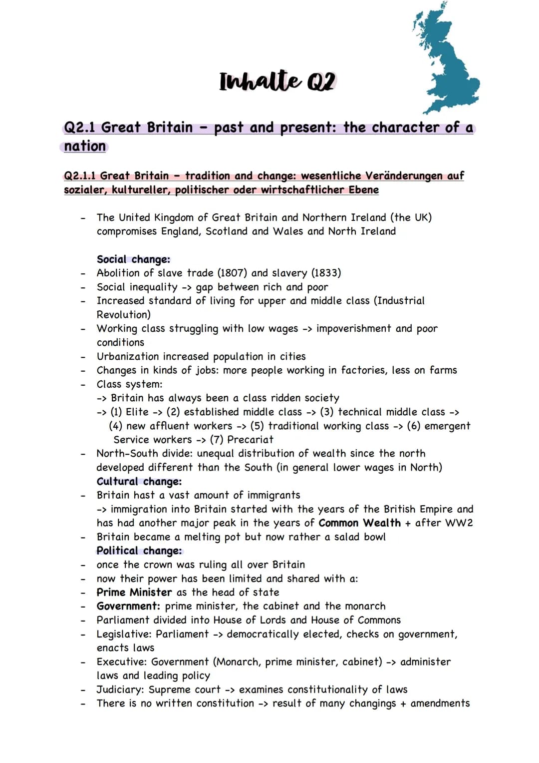 -
Inhalte Q2
Q2.1 Great Britain – past and present: the character of a
nation
Q2.1.1 Great Britain - tradition and change: wesentliche Verän