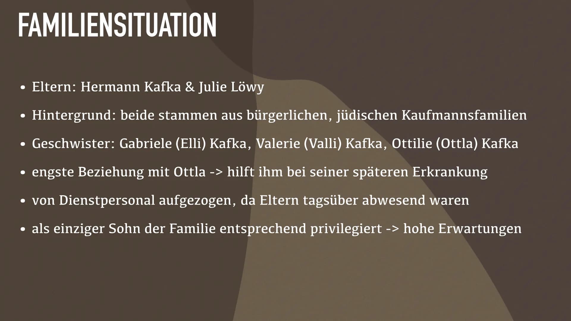 FRANZ KAFKA FRANZ KAFKA - INHALT
• Zeitgeschichtlicher Hintergrund
●
• Biografie
●
●
●
Freundschaft mit Max Brod
Beziehungen zu Frauen
Selbs