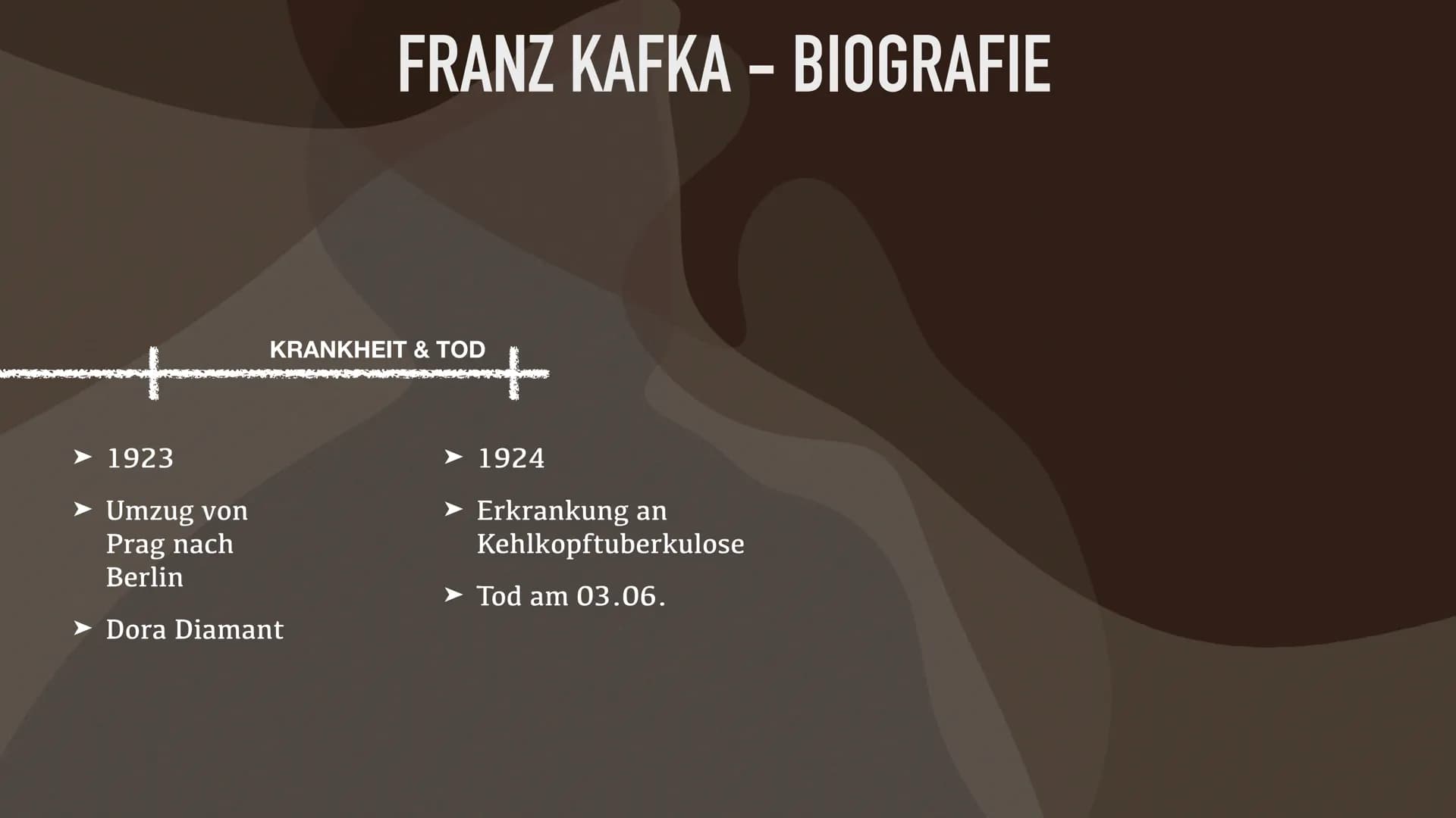 FRANZ KAFKA FRANZ KAFKA - INHALT
• Zeitgeschichtlicher Hintergrund
●
• Biografie
●
●
●
Freundschaft mit Max Brod
Beziehungen zu Frauen
Selbs