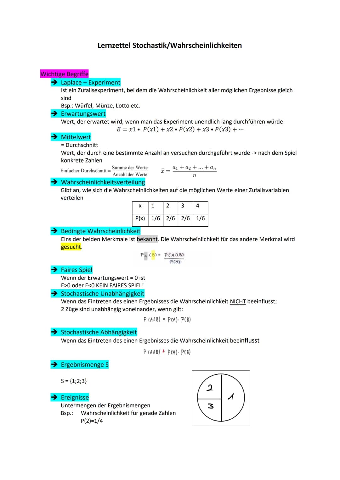 Wichtige Begriffe
Laplace-Experiment
Ist ein Zufallsexperiment, bei dem die Wahrscheinlichkeit aller möglichen Ergebnisse gleich
sind
Bsp.: 