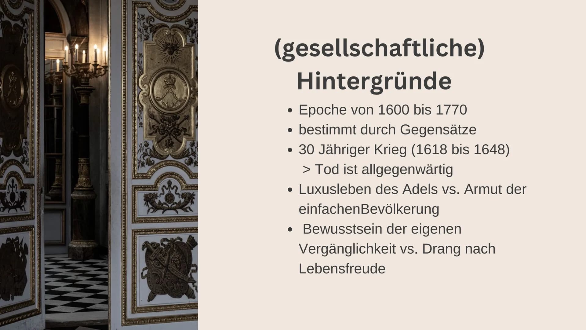 Stillleben
des
Barock Gliederung
(gesellschaftliche) Hintergründe
Leitmotive
relevante Gestaltungsmittel
Stillleben & Arten von Stillleben
F