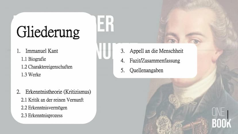 Erkenntnistheorie
Immanuel Kant Gliederung
1. Immanuel Kant
1.1 Biografie
1.2 Charaktereigenschaften
1.3 Werke
2. Erkenntnistheorie (Kritizi