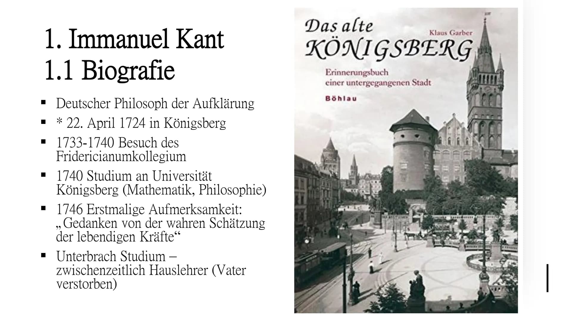 Erkenntnistheorie
Immanuel Kant Gliederung
1. Immanuel Kant
1.1 Biografie
1.2 Charaktereigenschaften
1.3 Werke
2. Erkenntnistheorie (Kritizi