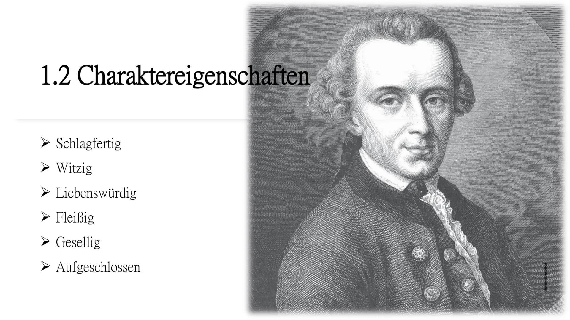 Erkenntnistheorie
Immanuel Kant Gliederung
1. Immanuel Kant
1.1 Biografie
1.2 Charaktereigenschaften
1.3 Werke
2. Erkenntnistheorie (Kritizi