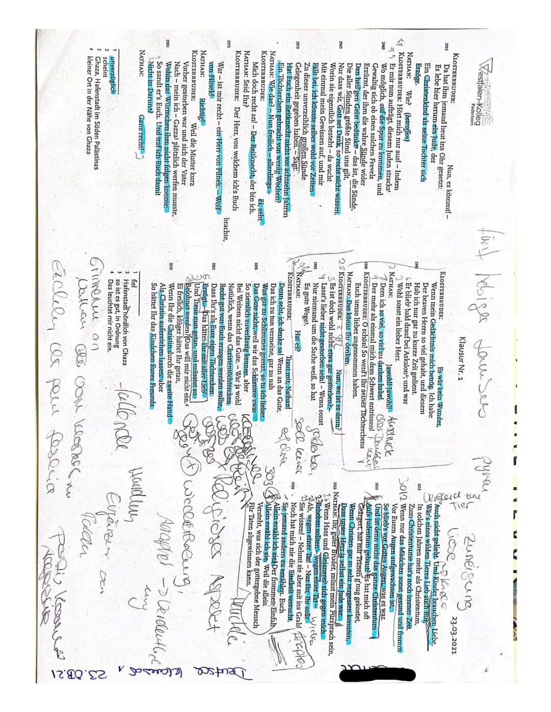 Name:
Aufgabenstellung:
1. Analysieren Sie den vorliegenden Auszug aus der Szene IV,7 aus dem Drama ,,Nathan der Weise"
von Gotthold Ephraim