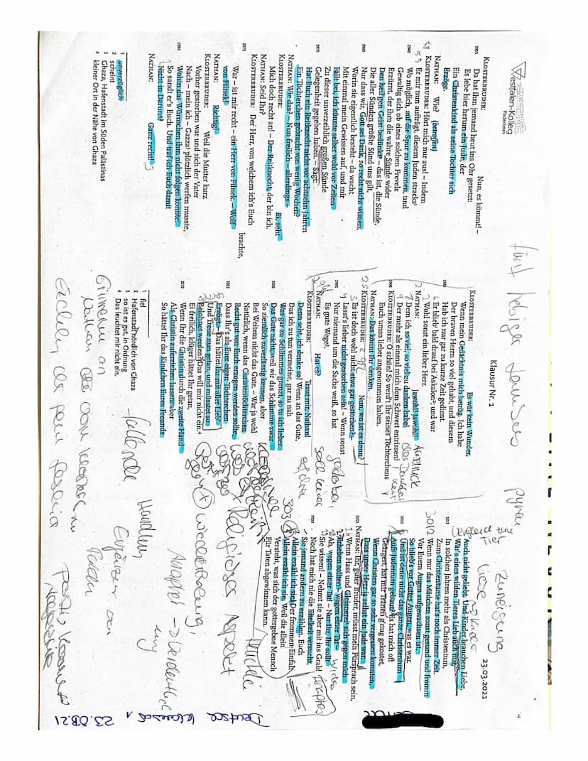 Name:
Aufgabenstellung:
1. Analysieren Sie den vorliegenden Auszug aus der Szene IV,7 aus dem Drama ,,Nathan der Weise"
von Gotthold Ephraim