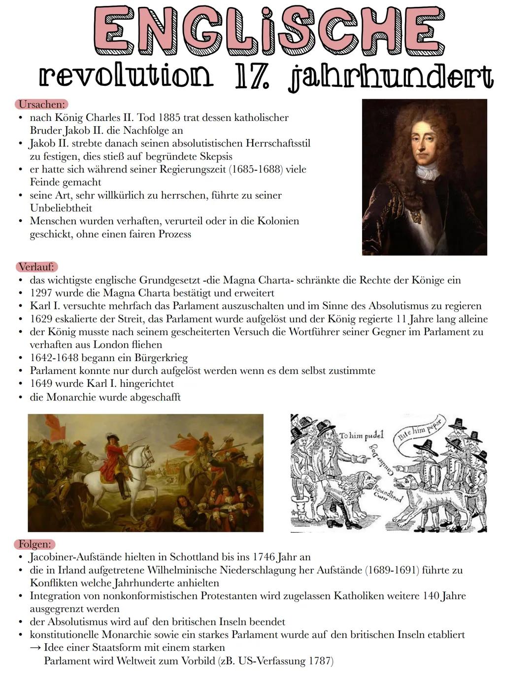 Ursachen:
• nach König Charles II. Tod 1885 trat dessen katholischer
Bruder Jakob II. die Nachfolge an
Jakob II. strebte danach seinen absol