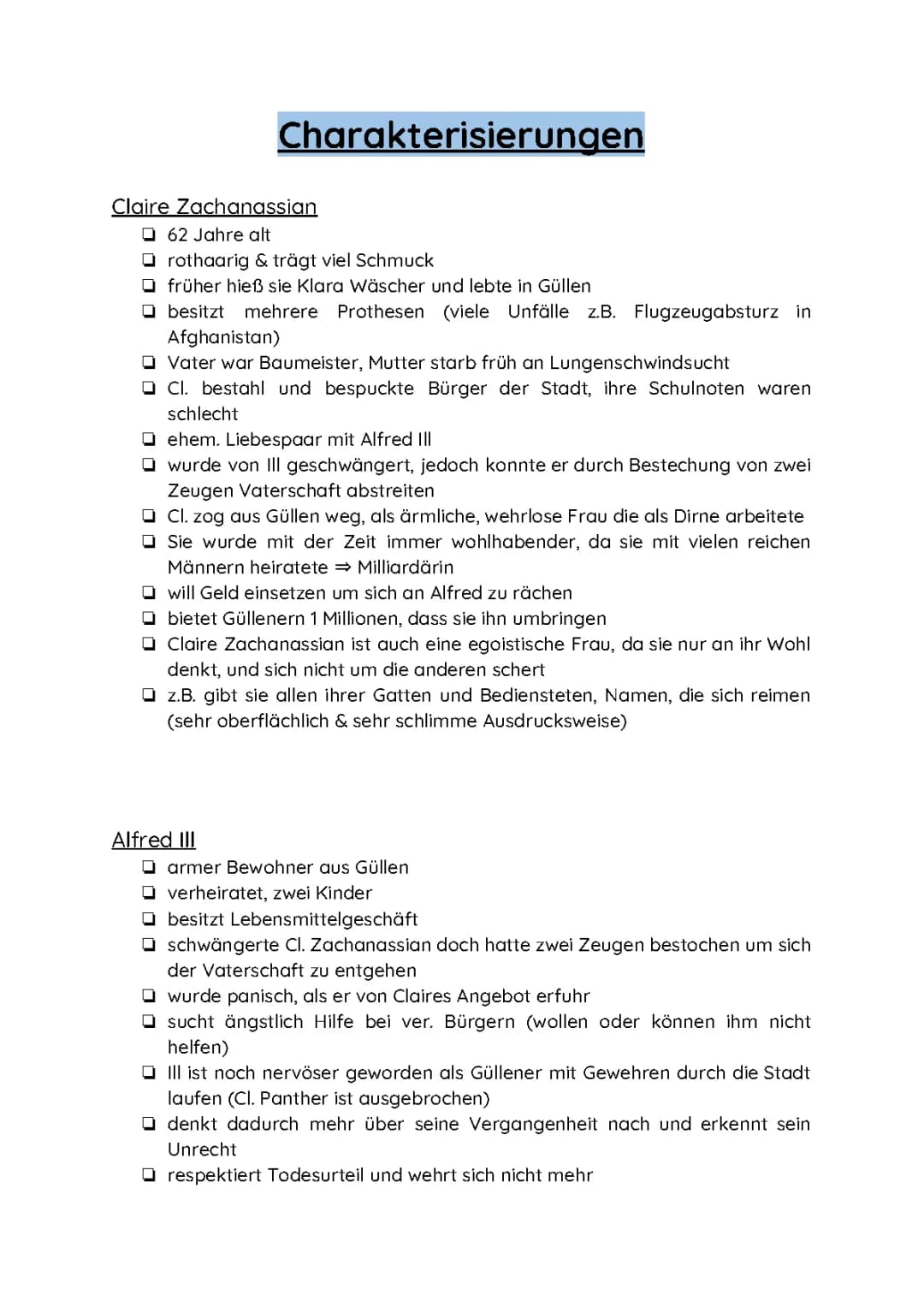 Der Besuch der alten Dame Charakterisierung und Zusammenfassungen: Claire Zachanassian und Alfred Ill