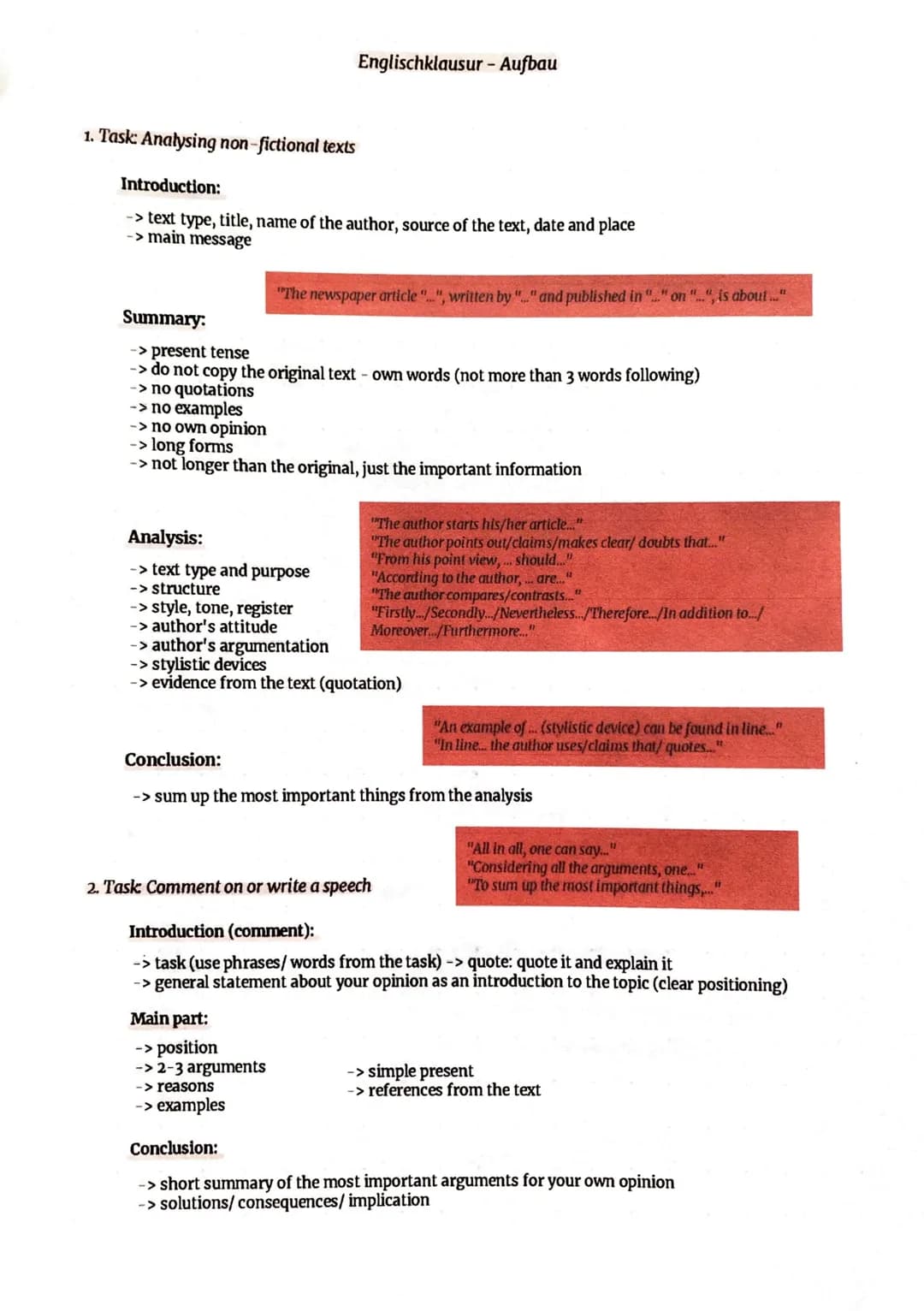 1. Task: Analysing non-fictional texts
Introduction:
-> text type, title, name of the author, source of the text, date and place
-> main mes