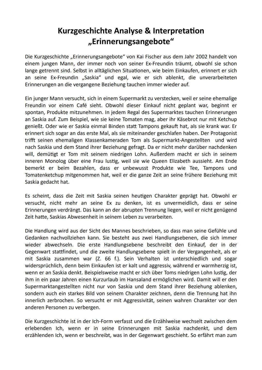 Kurzgeschichte Analyse & Interpretation
,,Erinnerungsangebote"
Die Kurzgeschichte ,,Erinnerungsangebote" von Kai Fischer aus dem Jahr 2002 h