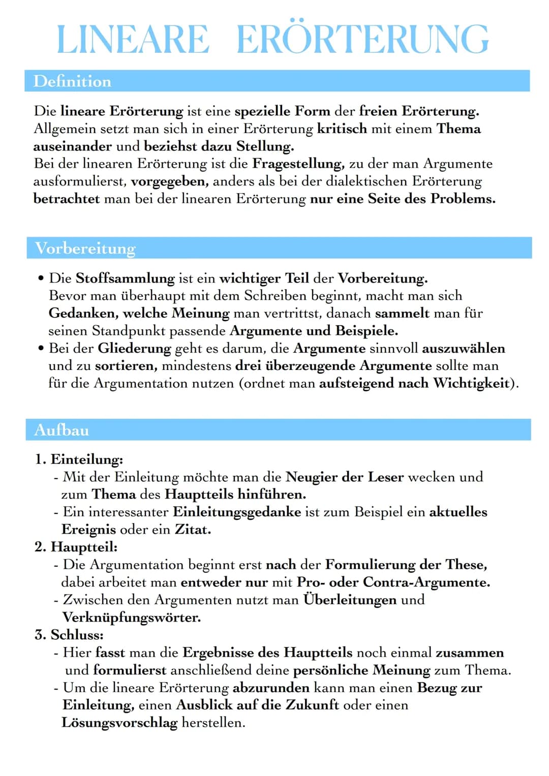 Lineare Erörterung: Einfache Beispiele und Musterlösung für die Klassen 7-9