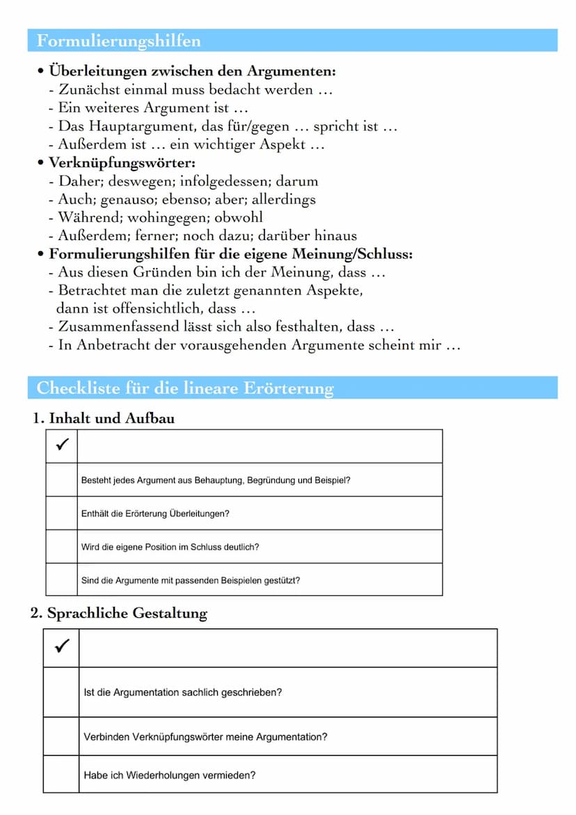LINEARE ERÖRTERUNG
Definition
Die lineare Erörterung ist eine spezielle Form der freien Erörterung.
Allgemein setzt man sich in einer Erörte