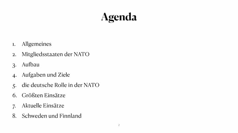 NATO
North Atlantic Treaty Organization
Vera Akkus 1. Allgemeines
2. Mitgliedsstaaten der NATO
3. Aufbau
4. Aufgaben und Ziele
5. die deutsc