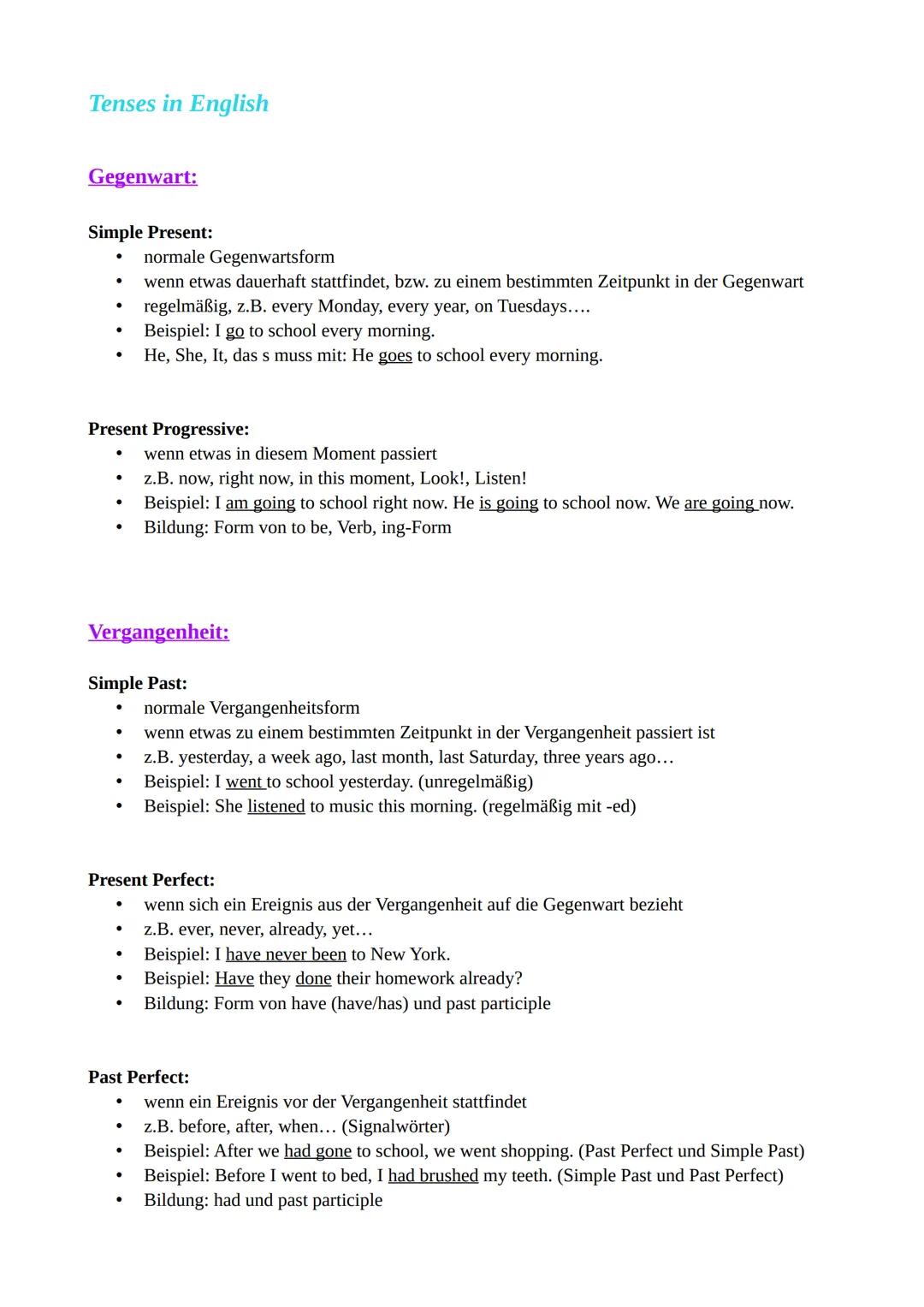 # Tenses in English

## Gegenwart:

### Simple Present:
*   normale Gegenwartsform
*   wenn etwas dauerhaft stattfindet, bzw. zu einem besti