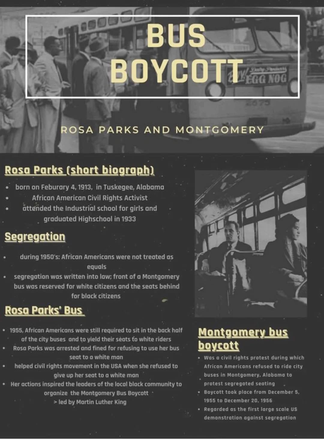 
<p>Rosa Parks, an African American Civil Rights Activist, was born on February 4, 1913, in Tuskegee, Alabama. She attended the Industrial S