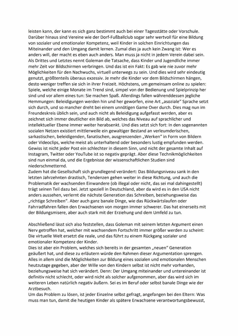 Erörterung: Kinder und Jugendliche - Soziale Kompetenzen
In der heutigen Kinder- und Jugendszene hat sich mittlerweile eine teilweise doch g