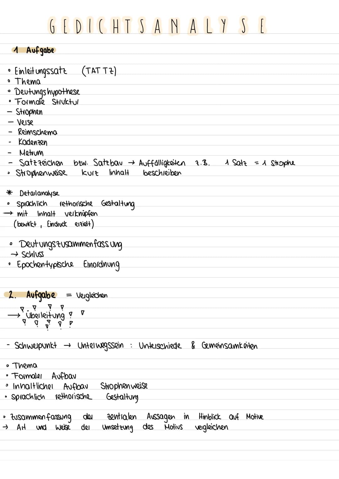 1 Aufgabe
• Einleitungssatz (TAT TZ)
• Thema
O
ə
0
-
3
0
ə
GEDICHTSANALYSE
Deutungs hypothese
Formale Struktul
Strophen
Verse
* Detailanalys