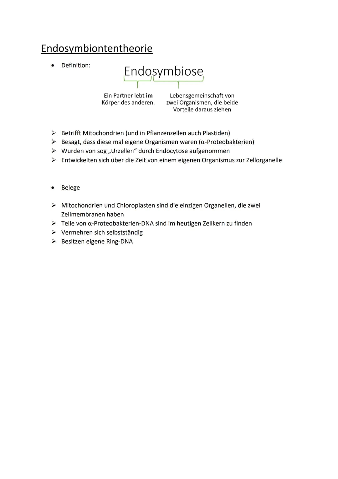 Endosymbiontentheorie
Definition:
Endosymbiose
Ein Partner lebt im
Körper des anderen.
● Belege
Lebensgemeinschaft von
zwei Organismen, die 